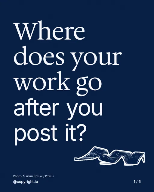 Carousel for copyright.io: "Where does your work go after you post it?". Cutout essay, 6 slides, dark palette.