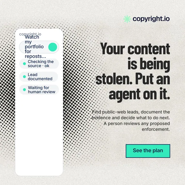 Instagram post for copyright.io: "Your content is being stolen. Put an agent on it." Ink sticker style, right layout, light palette in white, grey.