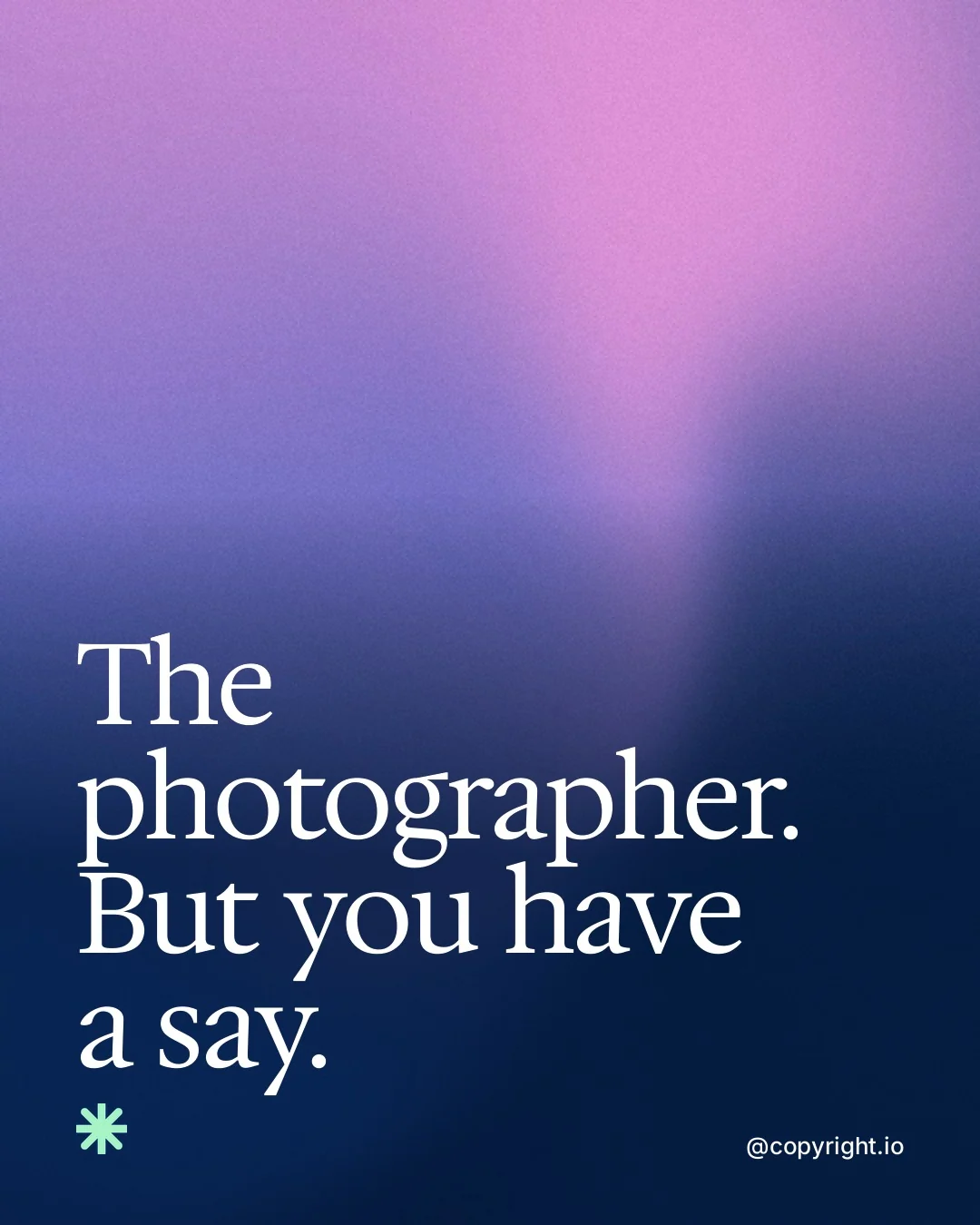 Video for copyright.io: "The photographer. But you have a say.". Shader loop, 6.0 s, dark palette.