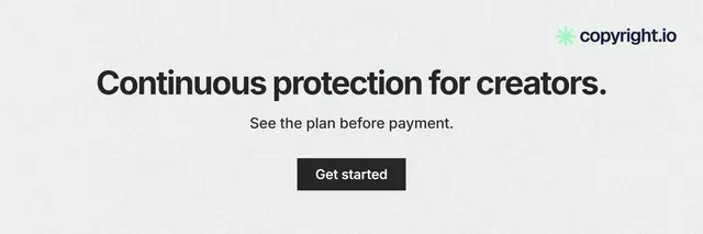 X header for copyright.io: "Continuous protection for creators." Swiss style, centred layout, light palette in white, grey.