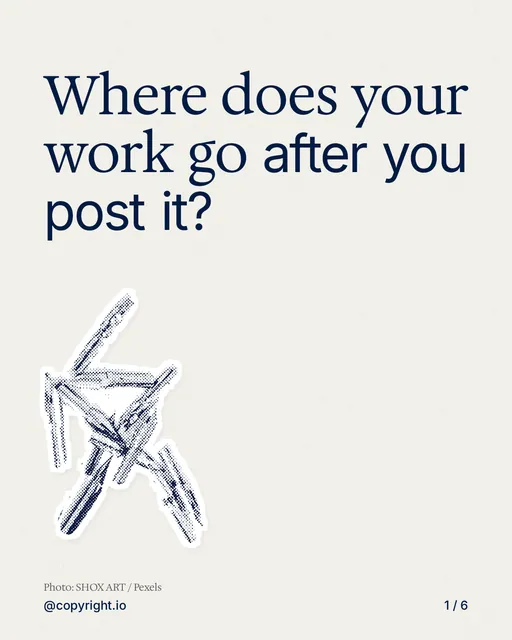 Carousel for copyright.io: "Where does your work go after you post it?". Cutout essay, 6 slides, light palette.