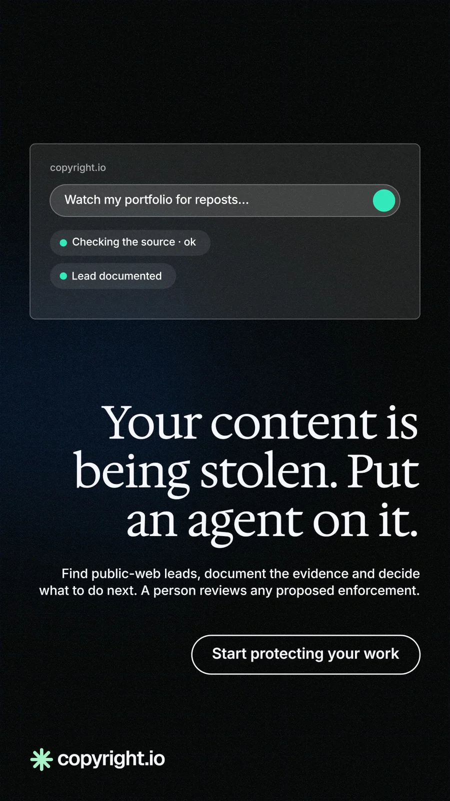 Instagram story for copyright.io: "Your content is being stolen. Put an agent on it." Phosphor atlas style, right layout, dark palette in black, grey.
