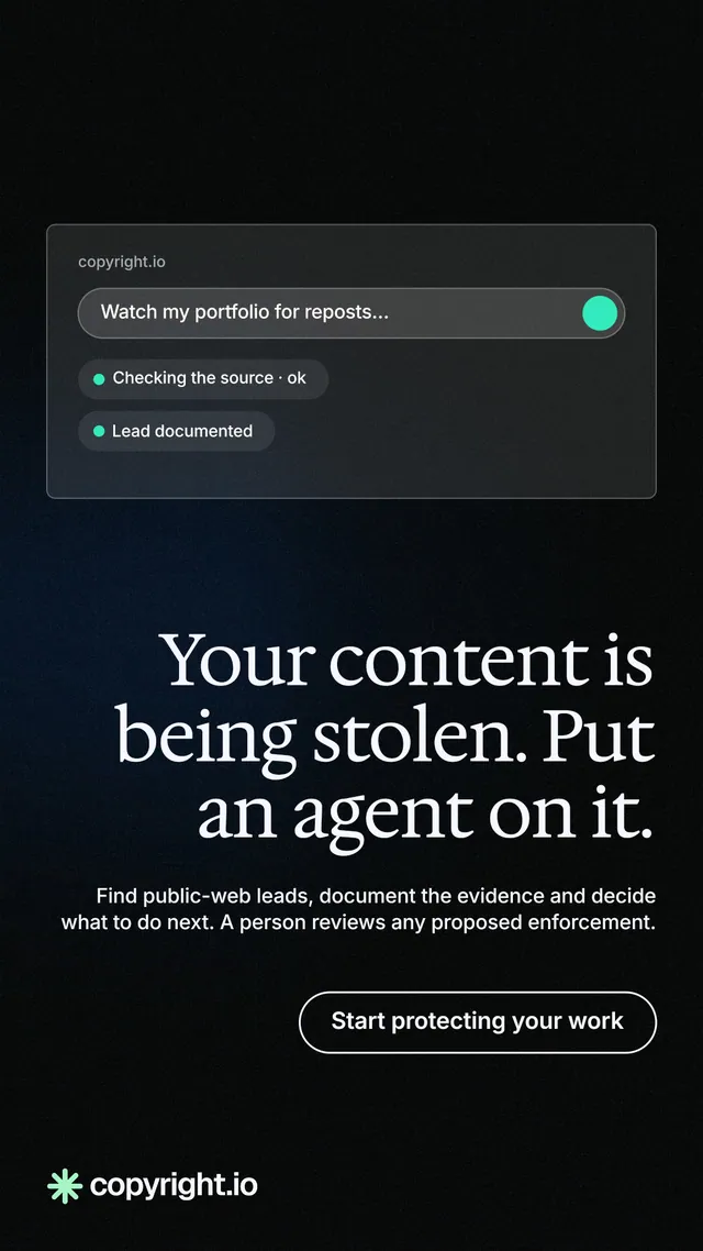 Instagram story for copyright.io: "Your content is being stolen. Put an agent on it." Phosphor atlas style, right layout, dark palette in black, grey.