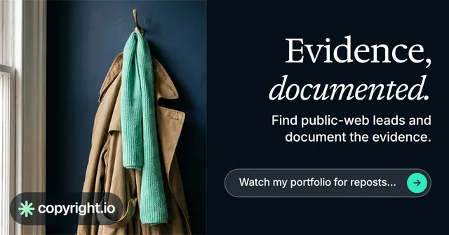 Social ad for copyright.io: "Evidence, documented." Agentic glass style, right layout, dark palette in black, grey.
