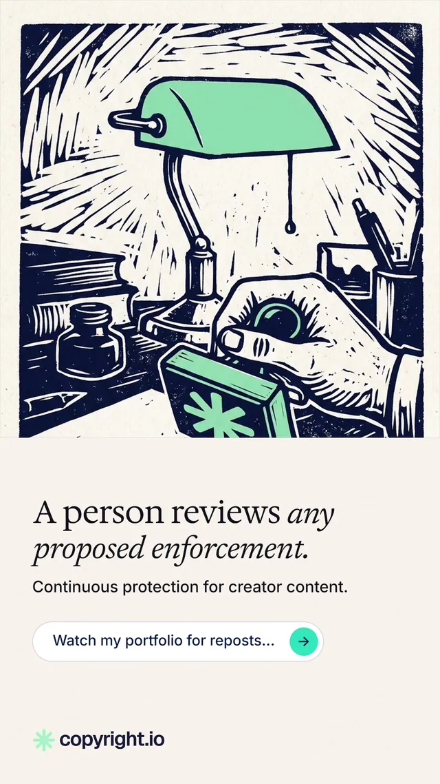 Instagram story for copyright.io: "A person reviews any proposed enforcement." Agentic glass style, bottom layout, light palette in white, grey.