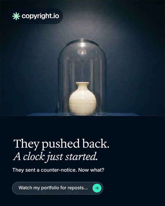 Instagram portrait post for copyright.io: "They pushed back. A clock just started." Agentic glass style, bottom layout, dark palette in black, blue, grey.