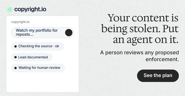 Social ad for copyright.io: "Your content is being stolen. Put an agent on it." Data card style, right layout, light palette in white, grey.