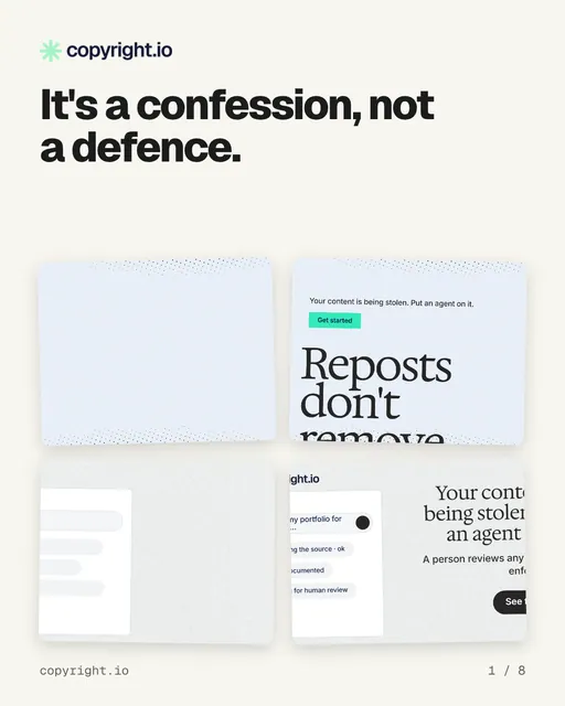 Carousel for copyright.io: "It's a confession, not a defence.". Collection carousel, 8 slides, light palette.