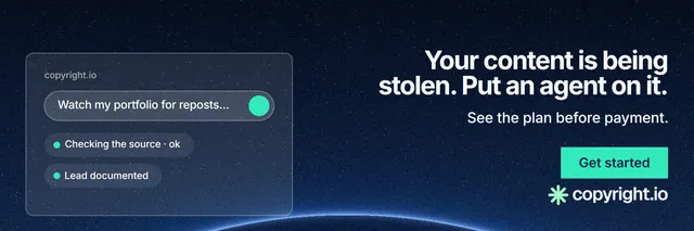 X header for copyright.io: "Your content is being stolen. Put an agent on it." Swiss style, right layout, dark palette in black, blue, teal.