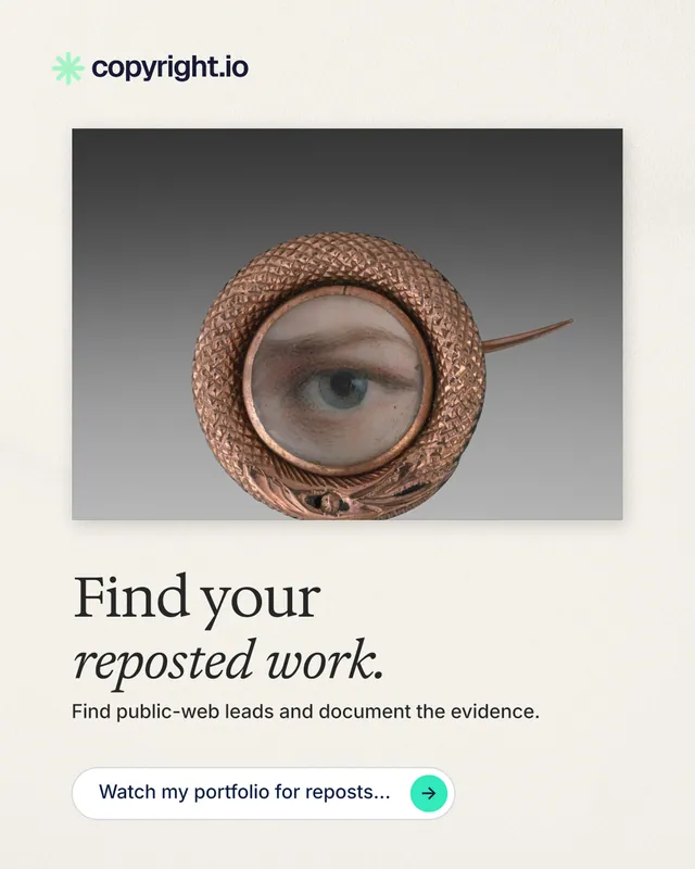 Instagram portrait post for copyright.io: "Find your reposted work." Agentic glass style, bottom layout, light palette in white, grey.