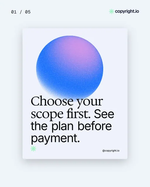 Video for copyright.io. Ad flipbook, 7.5 s, light palette.