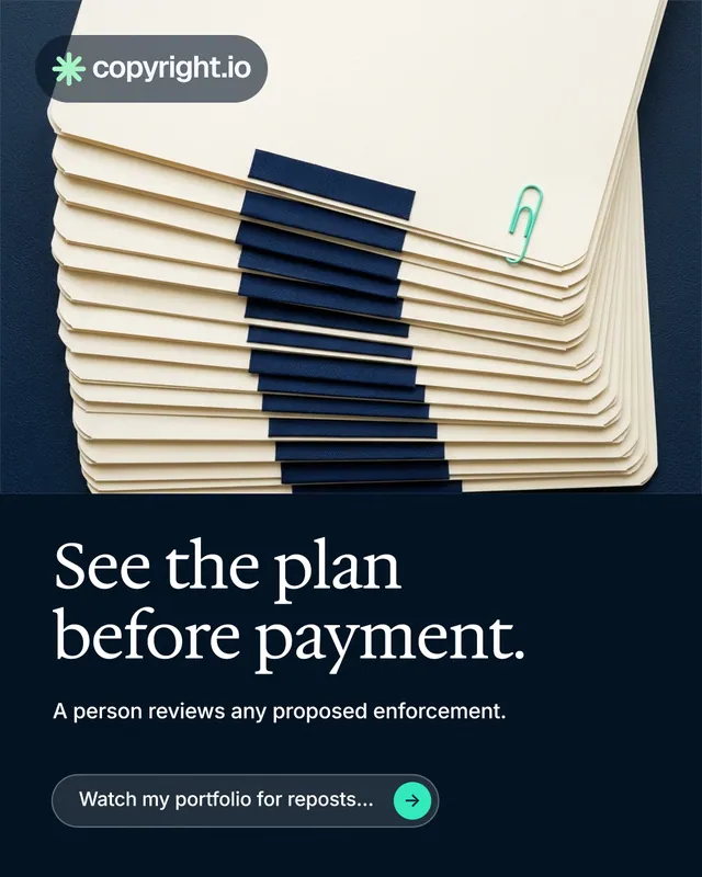 Instagram portrait post for copyright.io: "See the plan before payment." Agentic glass style, bottom layout, dark palette in yellow, black, blue.