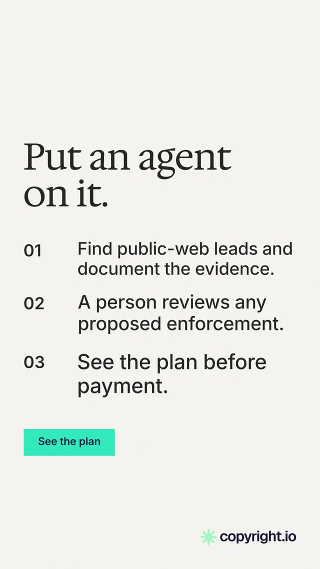 Instagram story for copyright.io: "Put an agent on it." Swiss style, numbered layout, light palette in white, grey, green.