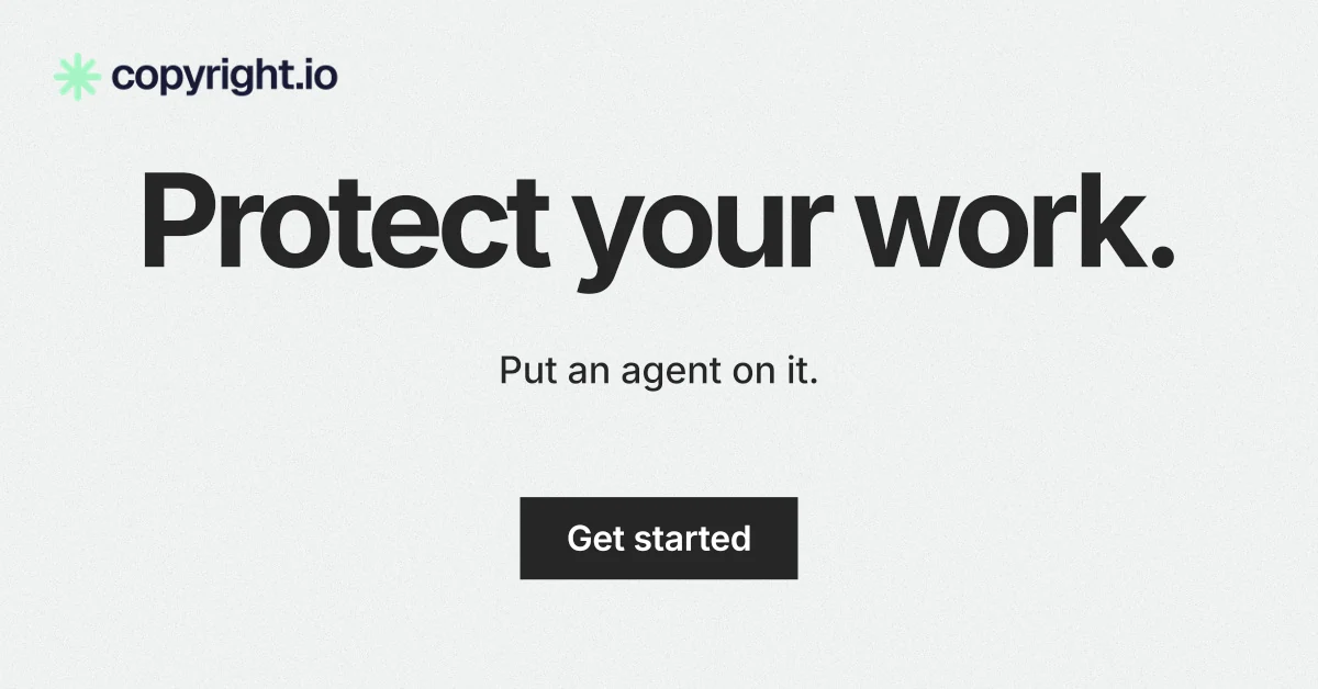 Social ad for copyright.io: "Protect your work." Swiss style, centred layout, light palette in white, grey.