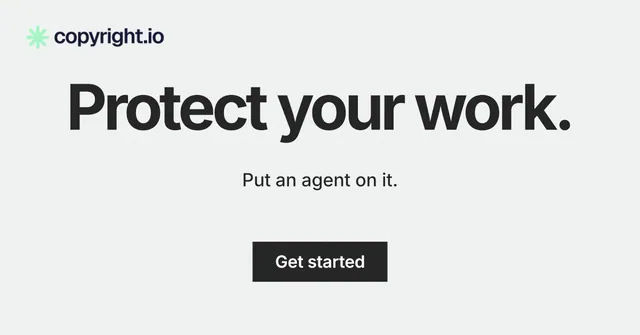 Social ad for copyright.io: "Protect your work." Swiss style, centred layout, light palette in white, grey.