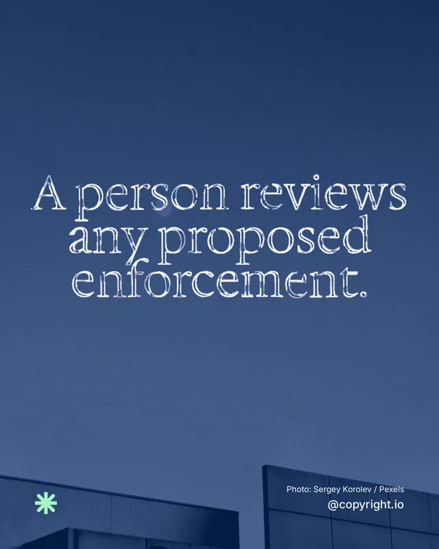Instagram portrait post for copyright.io: "A person reviews any proposed enforcement." Scribble style, technique:raster type fx layout, dark palette in blue.