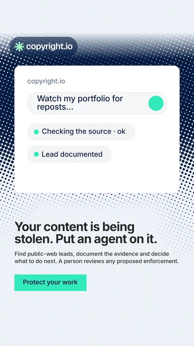 Instagram story for copyright.io: "Your content is being stolen. Put an agent on it." Swiss style, bottom layout, light palette in white, teal, grey.