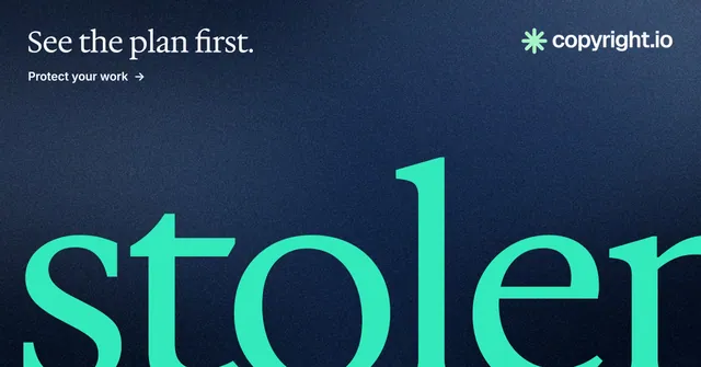 Social ad for copyright.io: "See the plan first." Agentic glass style, ogword layout, dark palette in blue, teal.