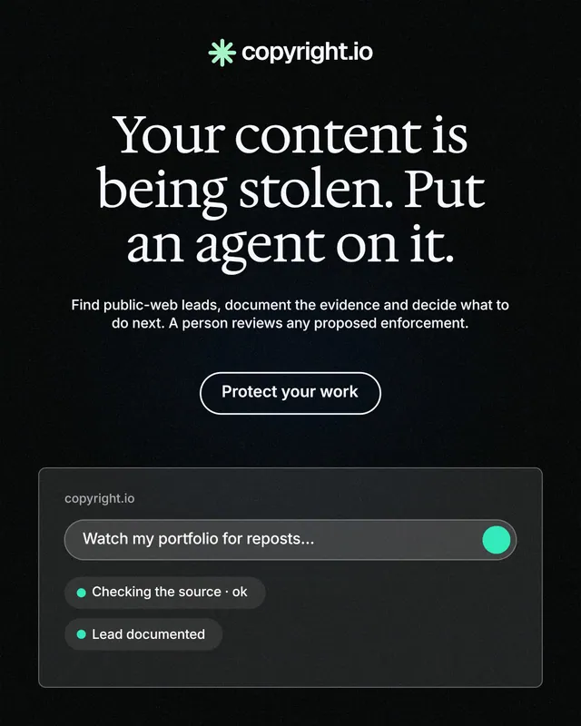 Instagram portrait post for copyright.io: "Your content is being stolen. Put an agent on it." Phosphor atlas style, centred layout, dark palette in black, grey.