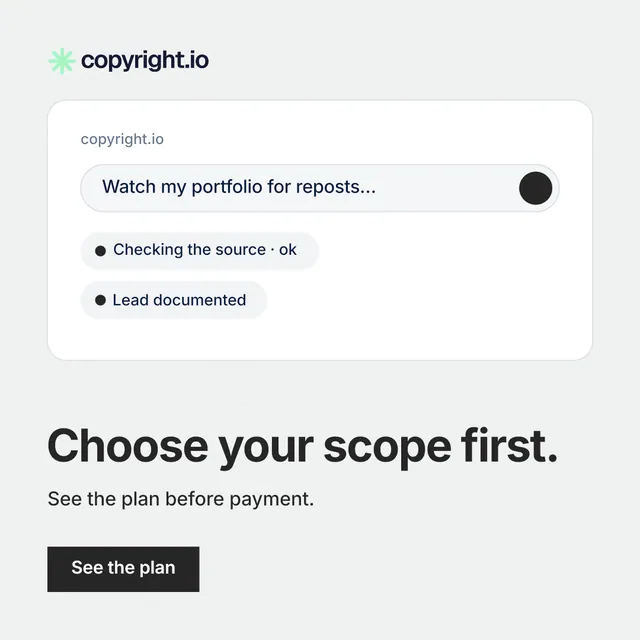 Instagram post for copyright.io: "Choose your scope first." Swiss style, bottom layout, light palette in white.