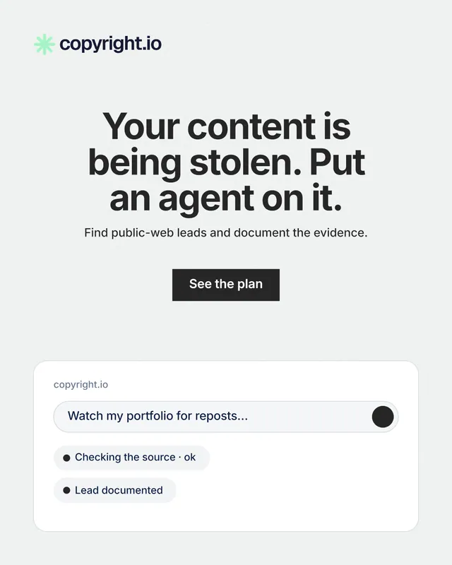 Instagram portrait post for copyright.io: "Your content is being stolen. Put an agent on it." Swiss style, centred layout, light palette in white.