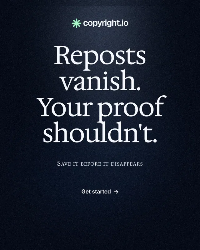 Instagram portrait post for copyright.io: "Reposts vanish. Your proof shouldn't." Dark deco style, smallcaps layout, dark palette in black, grey.
