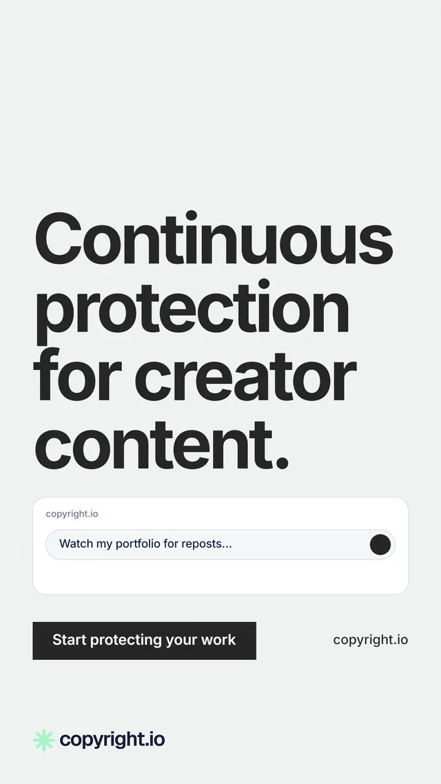 Instagram story for copyright.io: "Continuous protection for creator content." Swiss style, poster layout, light palette in white, grey.