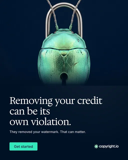 Video for copyright.io: "Removing your credit can be its own violation.". Doc motion loop, 6.0 s, dark palette.