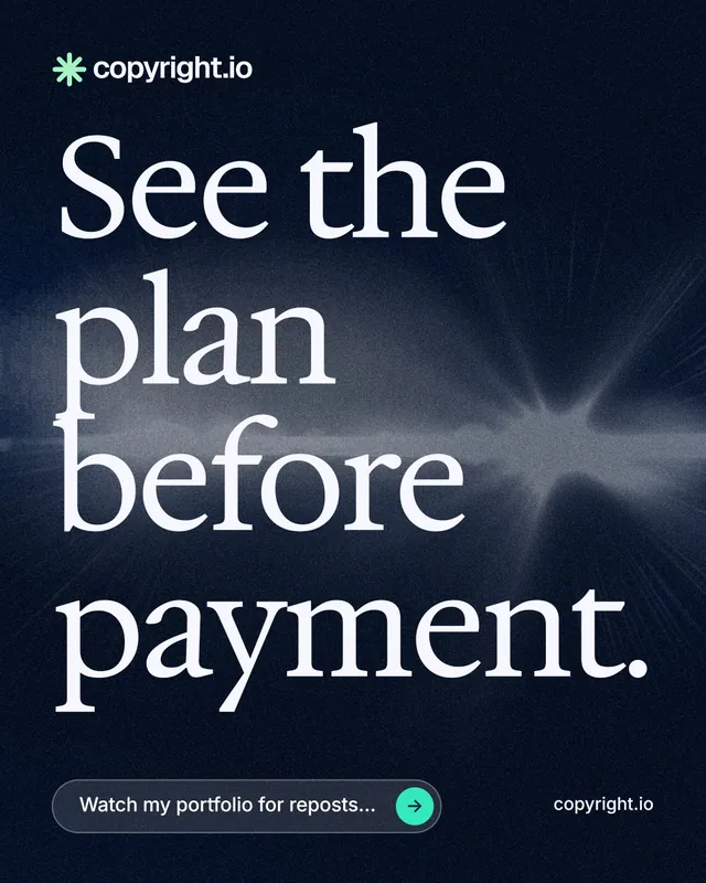 Instagram portrait post for copyright.io: "See the plan before payment." Thermal style, poster layout, dark palette in black, blue, grey.