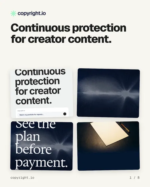 Carousel for copyright.io: "Continuous protection for creator content.". Collection carousel, 8 slides, light palette.