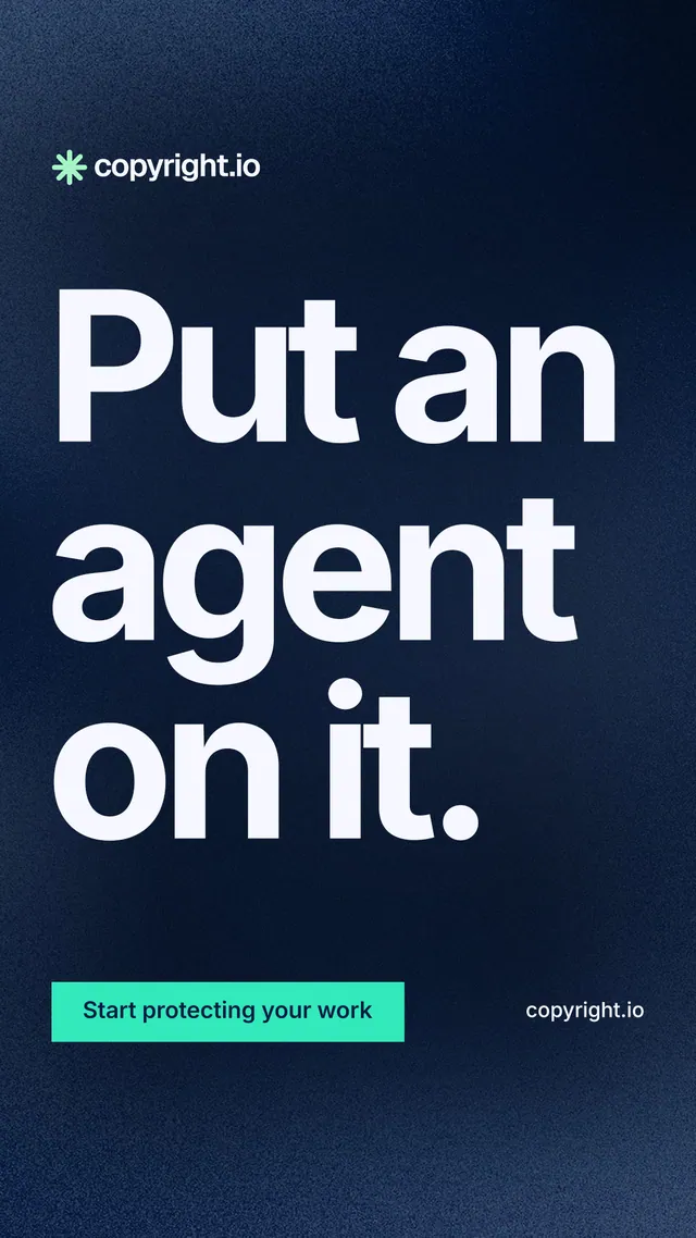 Instagram story for copyright.io: "Put an agent on it." Swiss style, poster layout, dark palette in blue, black, teal.