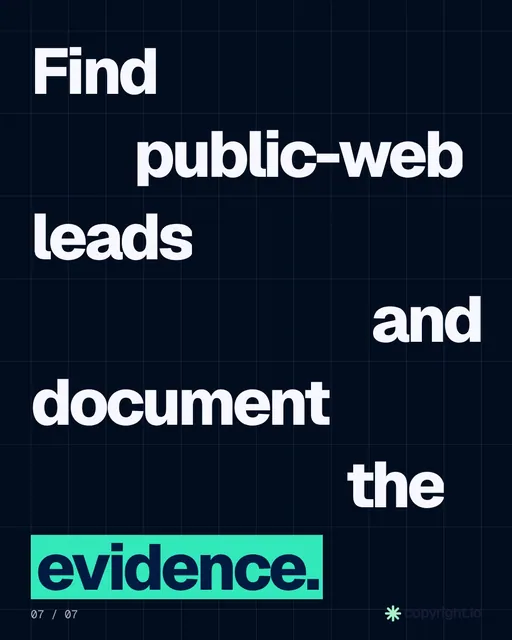 Video for copyright.io: "Find public-web leads and document the evidence.". Kinetic type grid, 6.0 s, dark palette.