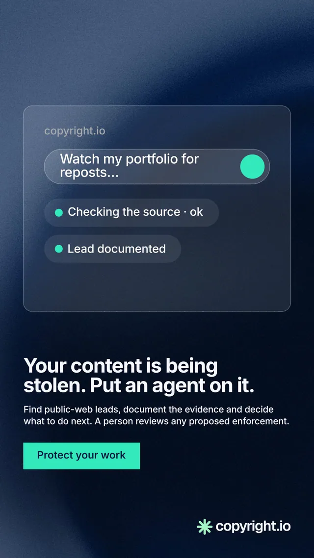 Instagram story for copyright.io: "Your content is being stolen. Put an agent on it." Swiss style, bottom layout, dark palette in black, blue.