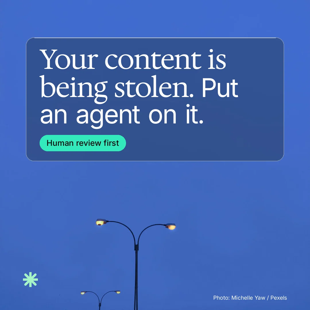 Instagram post for copyright.io: "Your content is being stolen. Put an agent on it." Glass style, technique:pexels ingredient layout, dark palette in blue.