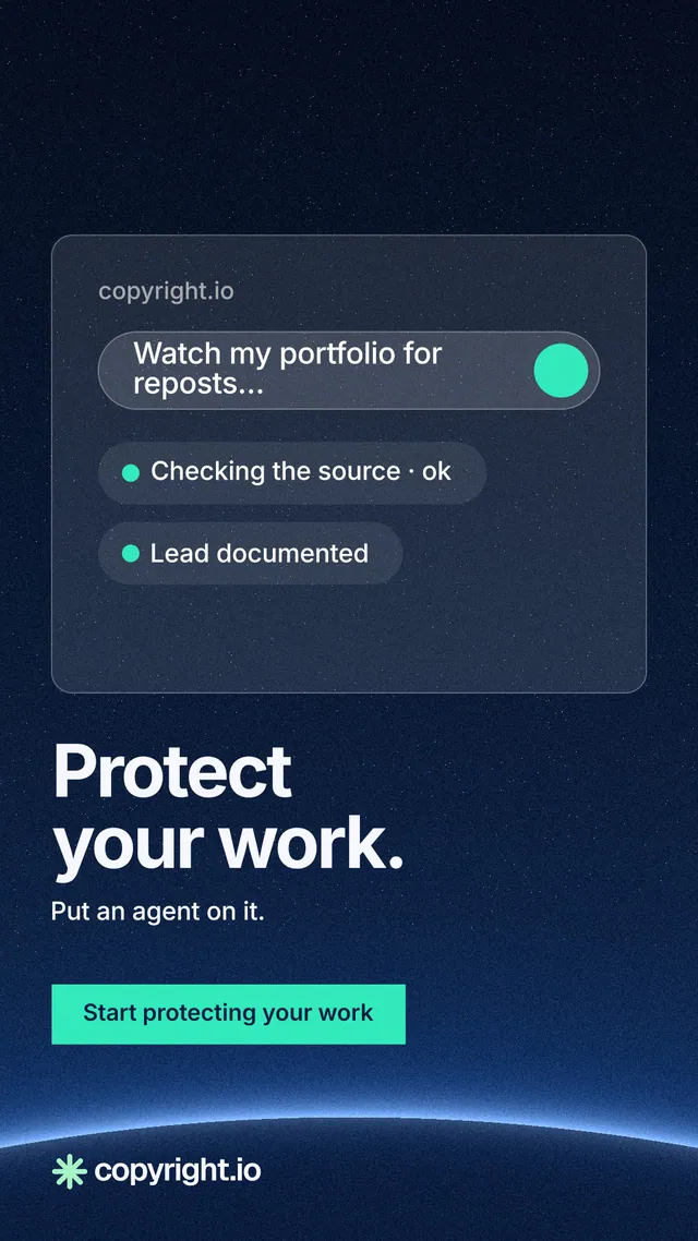 Instagram story for copyright.io: "Protect your work." Swiss style, bottom layout, dark palette in blue, black, teal.