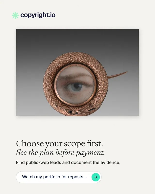 Instagram portrait post for copyright.io: "Choose your scope first. See the plan before payment." Agentic glass style, bottom layout, light palette in white, grey.