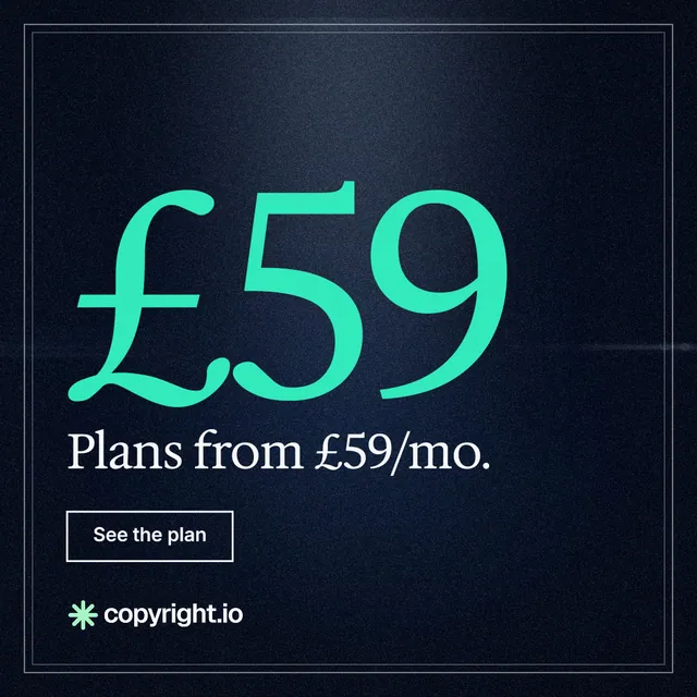 Instagram post for copyright.io: "Your content is being stolen. Put an agent on it." Dark deco style, stat layout, dark palette in blue, black, teal.