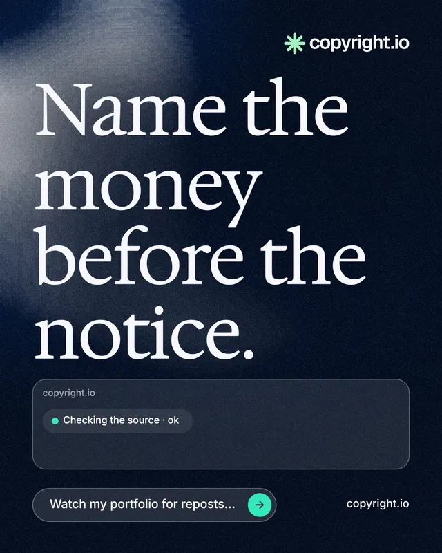 Instagram portrait post for copyright.io: "Name the money before the notice." Thermal style, poster layout, dark palette in blue, black, grey.