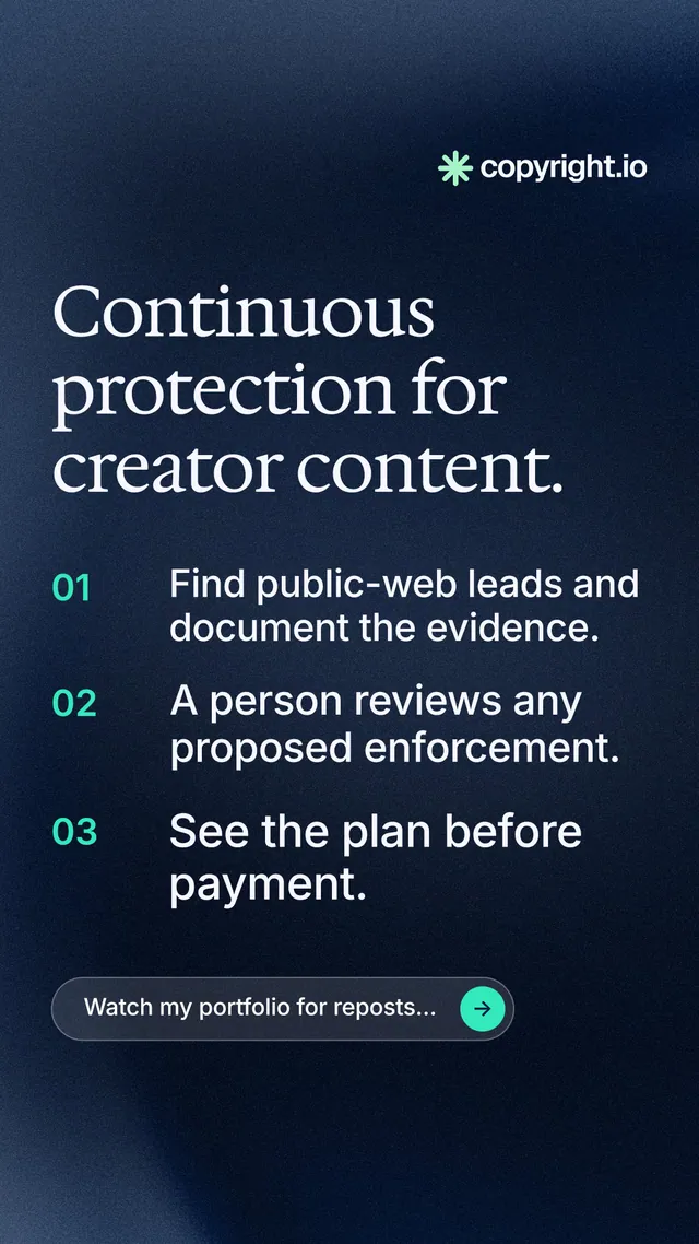 Instagram story for copyright.io: "Continuous protection for creator content." Agentic glass style, numbered layout, dark palette in blue, black.