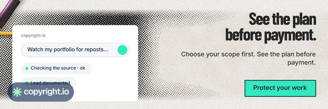 X header for copyright.io: "See the plan before payment." Ink sticker style, right layout, light palette in white, grey, green.
