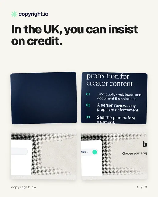 Carousel for copyright.io: "In the UK, you can insist on credit.". Collection carousel, 8 slides, light palette.