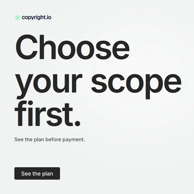 Video for copyright.io: "Choose your scope first.". Doc motion loop, 6.0 s, light palette.
