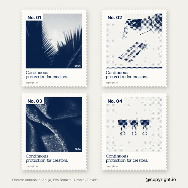 Instagram post for copyright.io: "Continuous protection for creators." Sheet style, technique:stamp series layout, light palette in white, grey.