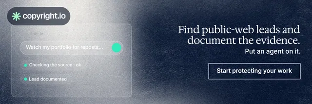 X header for copyright.io: "Find public-web leads and document the evidence." Cyanotype style, right layout, dark palette in grey, blue.