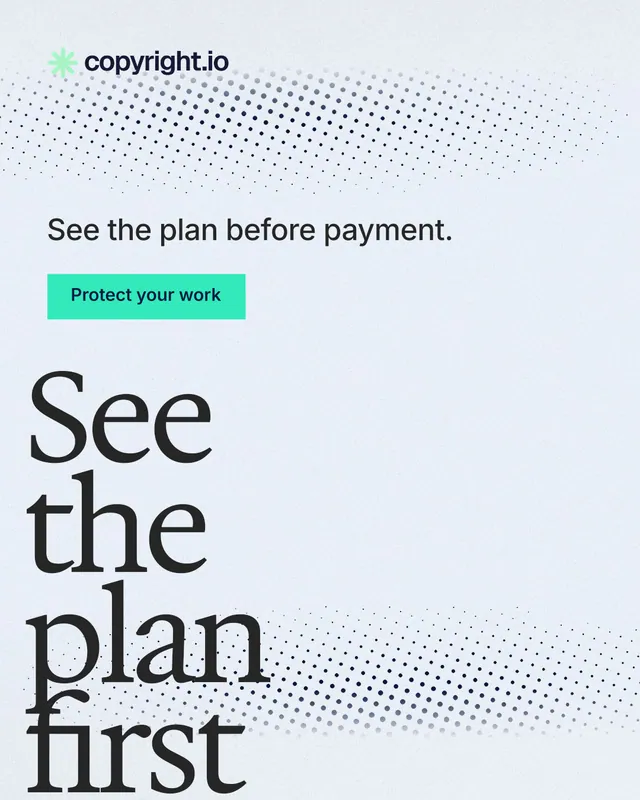 Instagram portrait post for copyright.io: "See the plan first." Swiss style, oversized layout, light palette in white, blue, grey.