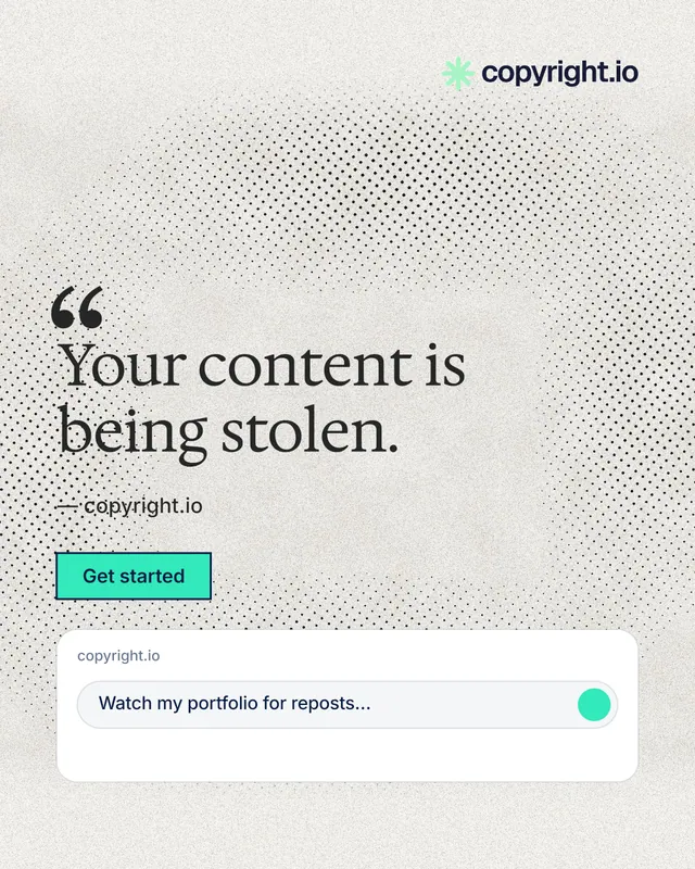 Instagram portrait post for copyright.io: "Your content is being stolen." Ink sticker style, quote layout, light palette in white, grey.