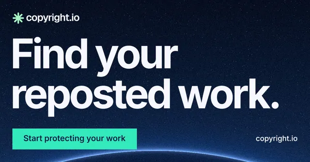 Social ad for copyright.io: "Find your reposted work." Swiss style, poster layout, dark palette in blue, teal, black.
