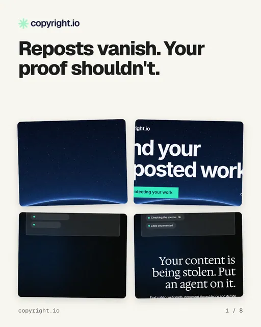 Carousel for copyright.io: "Reposts vanish. Your proof shouldn't.". Collection carousel, 8 slides, light palette.