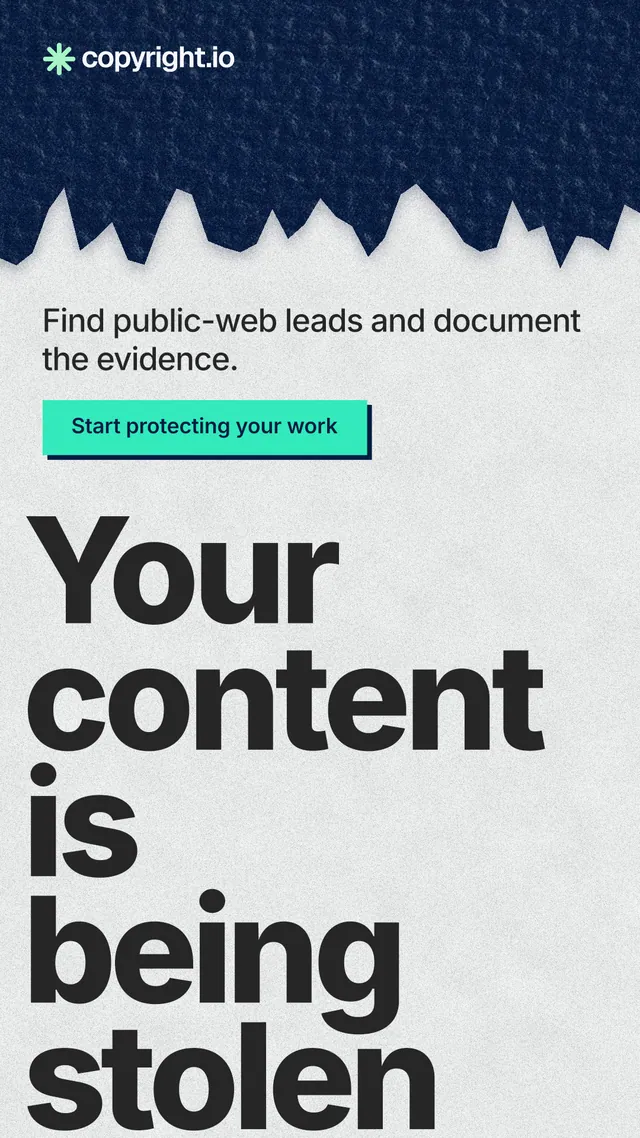 Instagram story for copyright.io: "Your content is being stolen." Paper trio style, oversized layout, light palette in white, blue, grey.