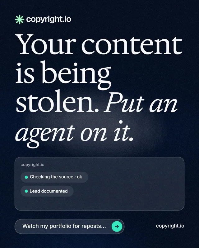 Instagram portrait post for copyright.io: "Your content is being stolen. Put an agent on it." Thermal style, poster layout, dark palette in blue, black, grey.